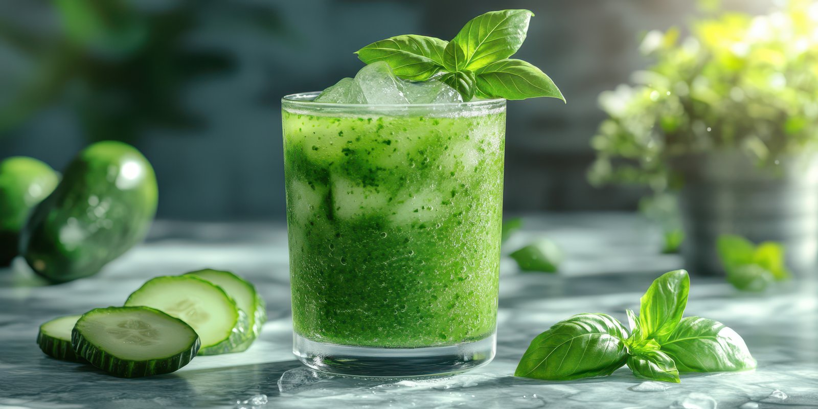 Refreshing green basil cucumber drink served over ice in a clear glass on a marble countertop with fresh ingredients nearby